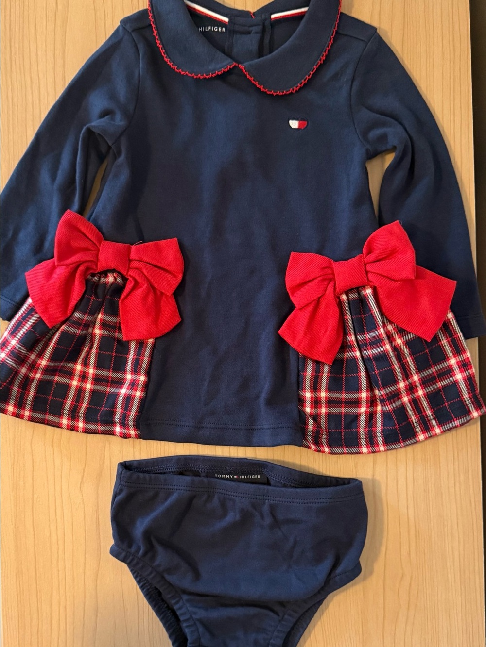 Tommy Hilfiger Navy Dress with Red Bow & Plaid Panels